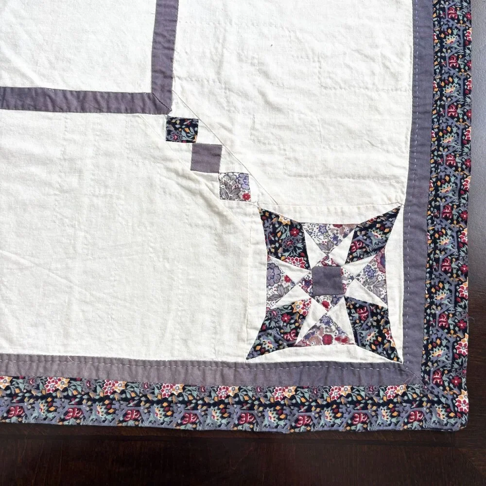 VTG Handmade Patchwork Star Quilt Table Topper Cream Lavender 34X34 Cottagecore